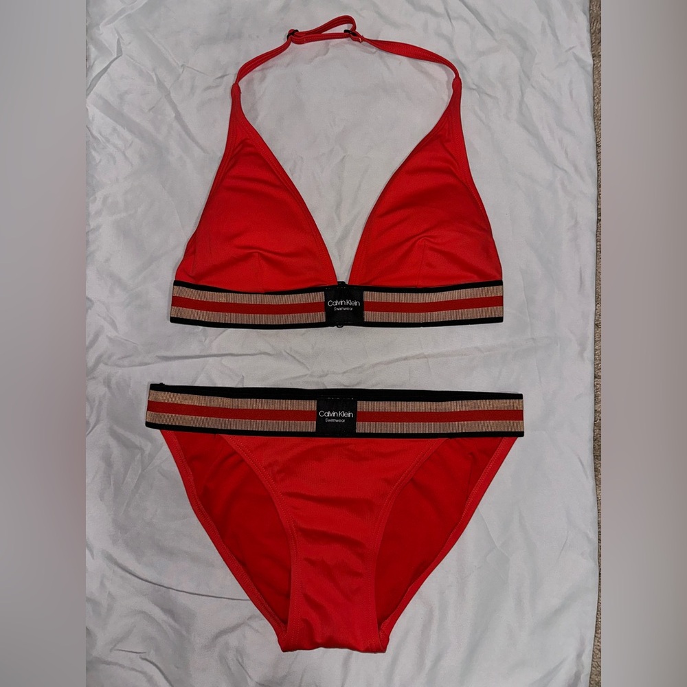 Calvin Klein Vibrant Red Bikini with Black Accents